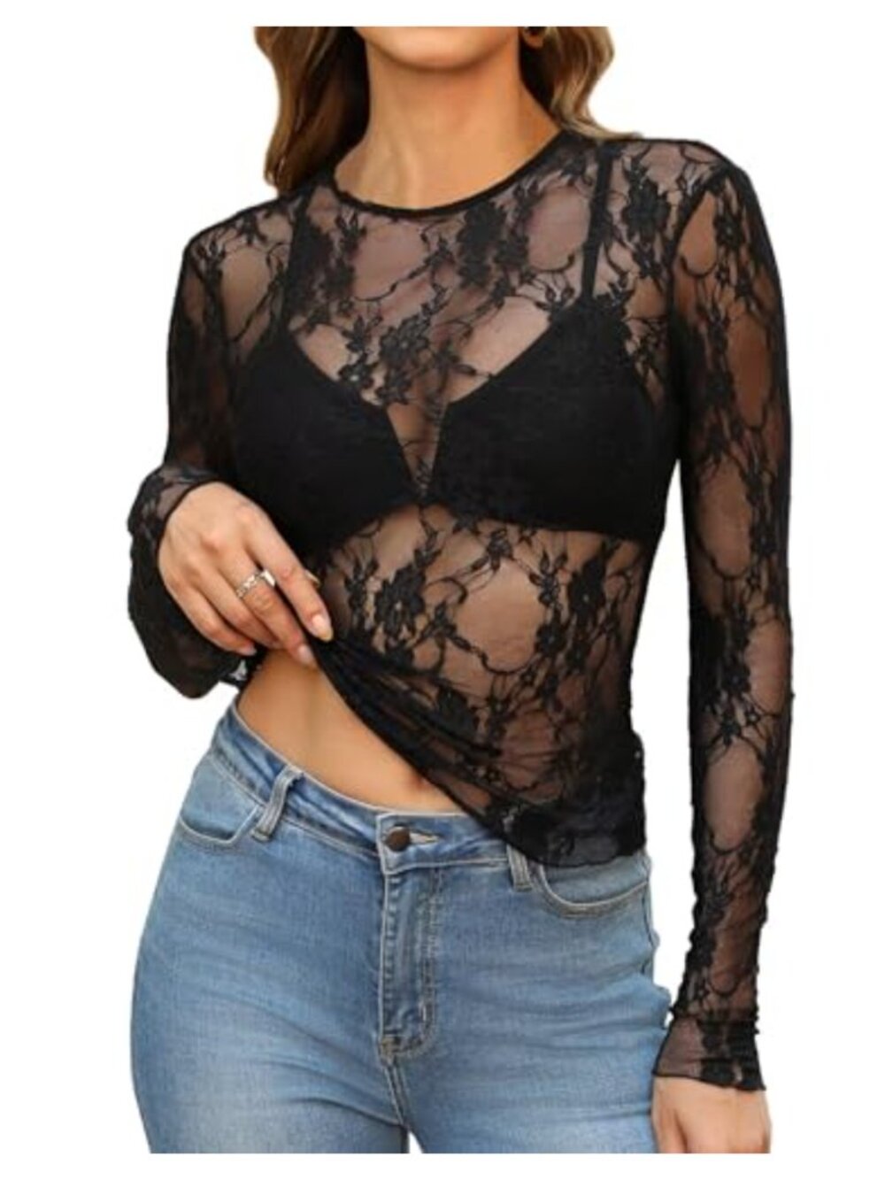 WIHOLL Sheer Mesh Long Sleeve Blouse Lace Slim Fitted Top